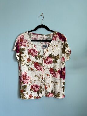 Laura Ashley Cream Floral Button-Front V-Neck Top with Pink Blossoms